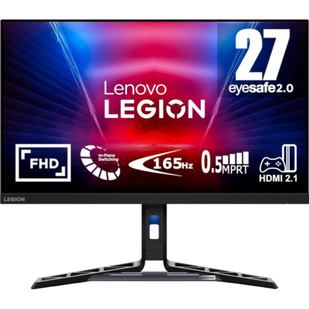 Lenovo Legion gaming monitor with 165Hz, 0.5ms MPRT, FHD display and HDMI 2.1 on a patterned stand.