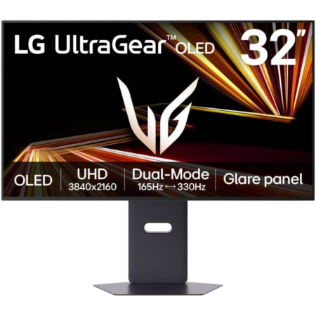 LG UltraGear OLED 32-inch monitor on stand, highlighting UHD 3840x2160, 165 Hz dual-mode, glare panel