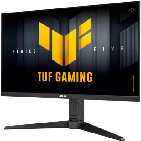 ASUS TUF Gaming monitor on a black stand, showing the TUF logo and 'Series Five' on the screen edge.