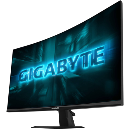 Monitor on a stand displaying a blue neon GIGABYTE logo on the screen and bezel