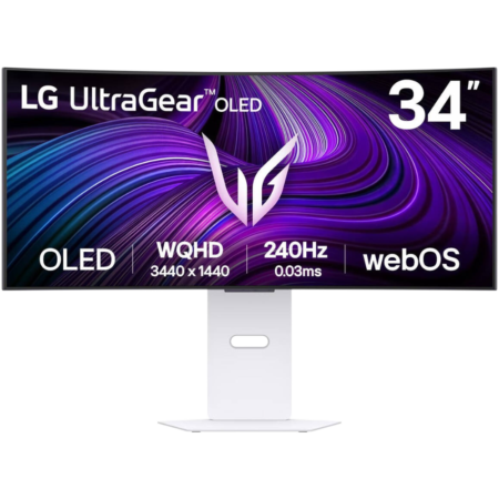 LG UltraGear OLED 34-inch monitor on a white stand displaying a purple swirl wallpaper.