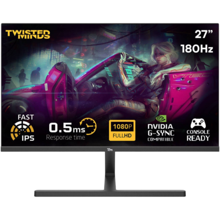 27-inch gaming monitor with flashy pink car artwork and Twisted Minds branding, highlighting 1080p, 180Hz refresh, and 0.5ms response time
