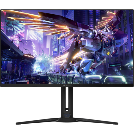 Gaming monitor showing a Neon city battle wallpaper with a large winged mech on screen, AORUS stand visible below edge.