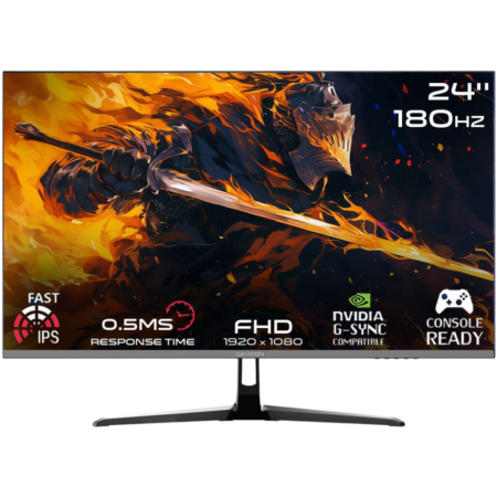 Gaming monitor displaying a fiery knight image with 24" and 180 Hz in the corner; highlights include 0.5 ms response time, FHD 1920x1080, NVIDIA G-SYNC, and console ready features.