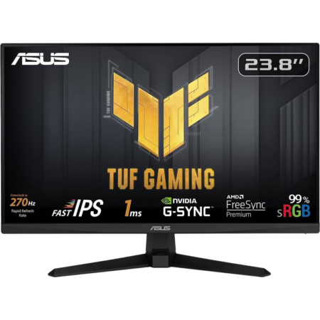 ASUS TUF Gaming monitor box displayed with 23.8" label and TUF logo, showcasing gaming features and branding.