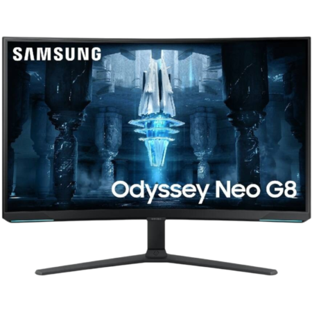 Samsung Odyssey Neo G8 curved gaming monitor on a stand, displaying a blue crystal cavern wallpaper.