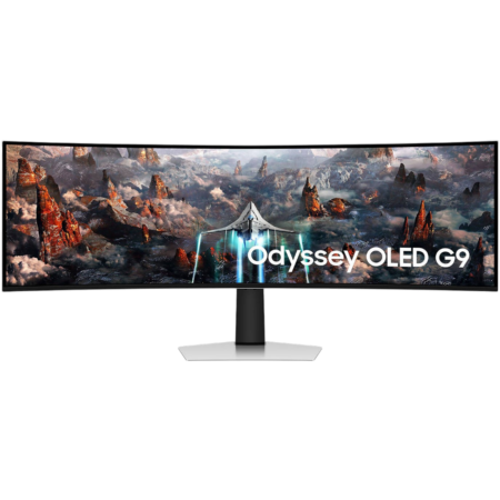 Odyssey OLED G9 ultra-wide curved monitor displaying a dramatic landscape wallpaper.