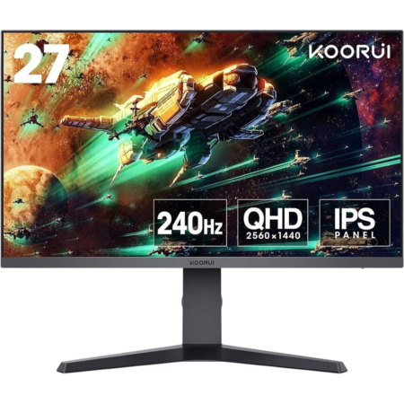 KOORUI 27-inch gaming monitor with space battle wallpaper; highlights 240Hz, QHD (2560x1440), IPS panel.