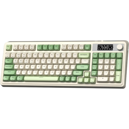 Retro beige keyboard with mint-green and cream keycaps, full-sized with numeric keypad and small display area on the top right.