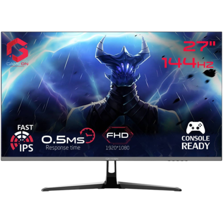 27-inch gaming monitor showing a blue dragon artwork with 144 Hz refresh rate and 0.5 ms response time; 1920x1080 FHD; IPS fast panel; console-ready logo on screen edge.
