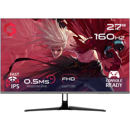 27-inch gaming monitor displaying a vibrant anime-style artwork with specs: 0.5ms response time, 160 Hz, FHD 1920×1080, IPS fast panel, console ready.