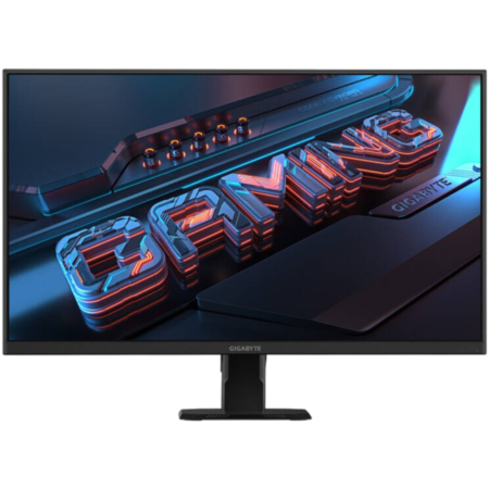 Gigabyte monitor showing a close-up of a neon-lit, 3D 'GIGABYTE' logo on a dark tech background.