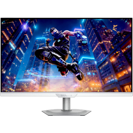 Curved gaming monitor displaying a neon sci‑fi city with a masked, muscular fighter leaping through the air in high‑tech gear.