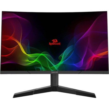 Curved widescreen gaming monitor on a tripod-style stand, displaying a colorful abstract wave wallpaper with a Redragon logo in the center.