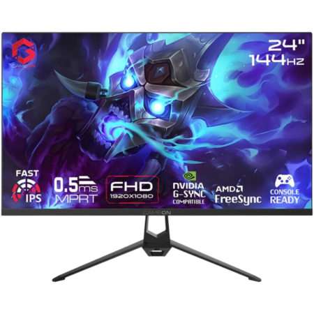 Gaming monitor with blue cosmic artwork, 24" 144Hz, stand with tripod legs visible. Include logos: IPS, 0.5ms MPRT, FHD 1920x1080, G-Sync, FreeSync, console ready, GameOn badge.