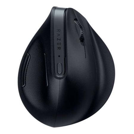 Ergonomic black wireless computer mouse with textured grip and scroll wheel, branded Razer, shown from a side angle on a black background.