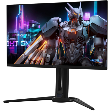 Curved gaming monitor on a V-shaped stand displaying a neon robotic figure on screen.