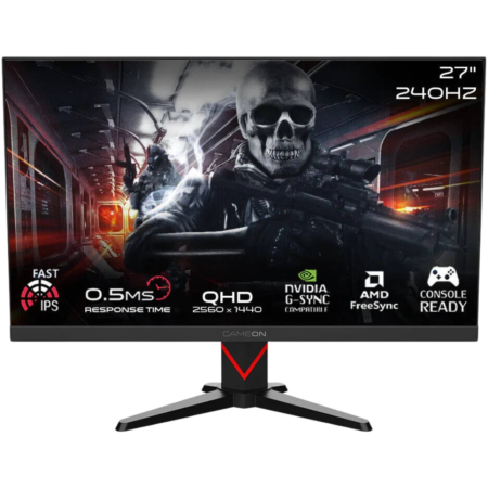 27-inch gaming monitor displaying a skull-soldier action scene with a rifle in a dark sci‑fi tunnel background.