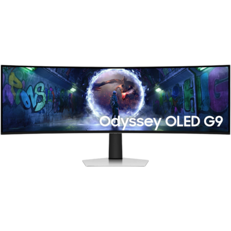 Curved ultrawide monitor on a stand showing a fantasy game scene with a glowing portal and a dragon; text 'Odyssey OLED G9' on screen.