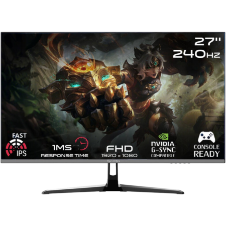 27-inch gaming monitor banner showing a fantasy warrior; highlights include 240Hz, FHD (1920x1080), NVIDIA G-SYNC, 1ms response time, and console-ready features.
