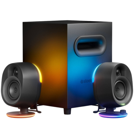 SteelSeries Arena 7 Illuminated 2.1 Gaming Speakers, 2-Way Speaker Design, Powerful Bass, Subwoofer, Audio Customizations, USB / AUX, Optical / Wired / BT, PC, PlayStation, Mobile, Mac, Black | 61542