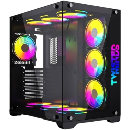 Twisted Minds Bullet-07 Mid Tempered Glass Mid Tower ATX Gaming PC Case, Pre Installed 4x 120mm ARGB Fans, Up to 360mm AIO, 3.5″ HDD x2 + 2.5″ SSD x2 Drive Support, USB 3.0 + USB-C, Black | TM1-B-S