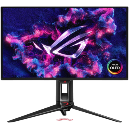 ASUS OLED gaming monitor on a three-pronged stand with a vibrant wallpaper on screen.