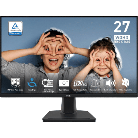 27-inch WQHD monitor with two kids making playful glasses on screen and feature icons along the bottom (IPS angle, low blue light, 100 Hz, built-in speakers).