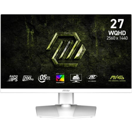 27-inch MSI gaming monitor on a white stand, screen displaying a dark textured background with a green MSI logo and 27 WQHD 2560x1440 text, plus logos at bottom edge.