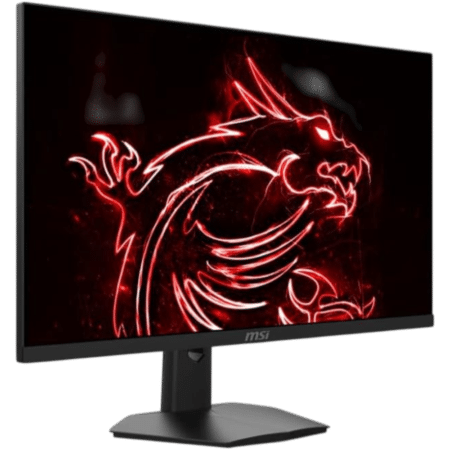 MSI monitor on stand displaying a red neon dragon graphic on a dark screen