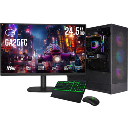 Gaming desk setup with a widescreen monitor showing a neon city scene, RGB keyboard and mouse beside a black tower PC with internal lighting.