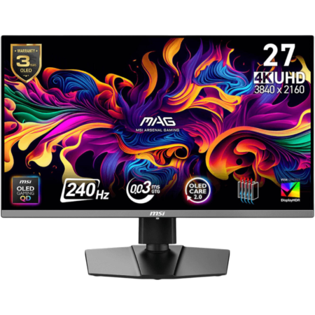 27-inch 4K UHD gaming monitor on a stand, showing a colorful abstract screen with MSI logo and 27 4K UHD text on the right edge.