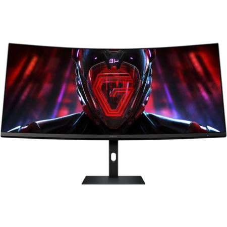 Curved ultrawide monitor on a stand displaying a neon red futuristic helmet wallpaper.