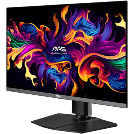 MSI MAG gaming monitor on a stand displaying a vibrant abstract wallpaper with swirling colors