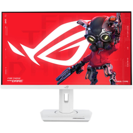 White gaming monitor on a white stand displaying a bold red wallpaper with a sci‑fi robot character.