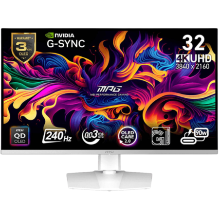 32-inch MSI gaming monitor on a stand showing vibrant abstract wallpaper and G-SYNC branding (4K UHD, 3840×2160).