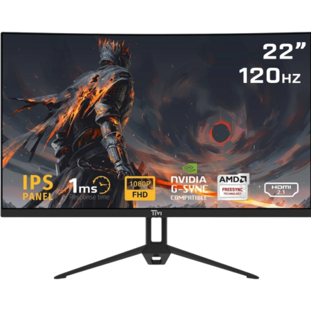 Gaming monitor on a stand showing a dark fantasy scene; 22", 120 Hz, IPS panel, 1080p, with G-SYNC and FreeSync badges.