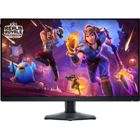 Alienware monitor showing Realm Royale Reforged game artwork with armored characters charging forward in a colorful battle scene.