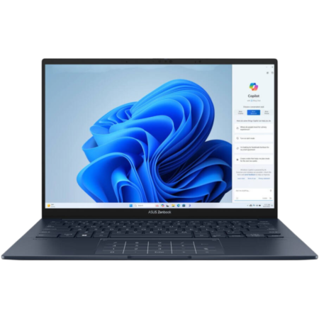 Front view of a dark blue ASUS Zenbook laptop open, displaying a blue abstract wallpaper on a Windows desktop.