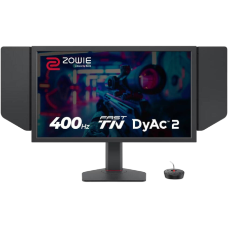 Wide gaming monitor on a stand displaying 400 Hz Fast FN DyAc 2, with a small circular controller to the right