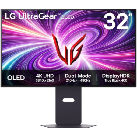 LG UltraGear OLED 32-inch monitor on a stand, with 4K UHD (3840×2160), 240/480 Hz dual-mode, DisplayHDR True Black 400