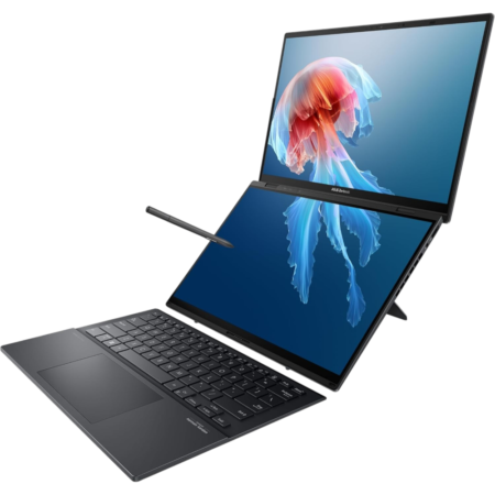 Two-screen laptop with a stylus resting beside the keyboard, angled open with colorful wallpaper on both displays.