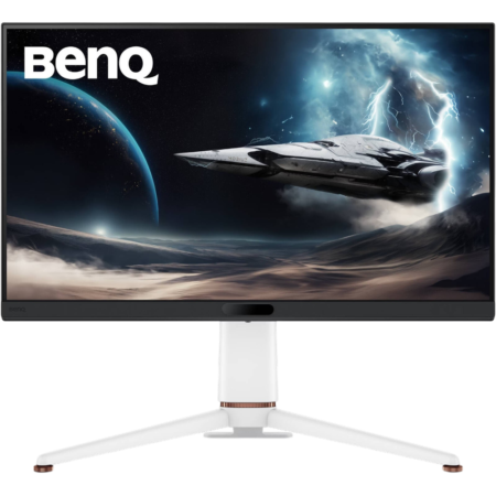 BenQ computer monitor on a white stand displaying a space-themed wallpaper with a spaceship and planets to the left.