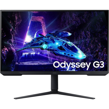 Samsung Odyssey G3 gaming monitor on a stand, displaying a neon blue spaceship wallpaper.