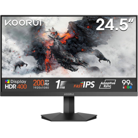 KOORUI 24.5-inch monitor on stand with game imagery; banners show HDR400, 200 Hz, 1 ms, IPS, Adaptive Sync, 99% sRGB, 1920x1080, 24.5".