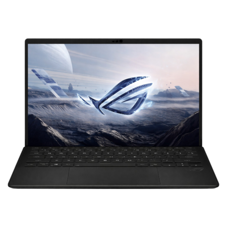 Open black gaming laptop displaying a space landscape wallpaper with a blue futuristic emblem on the screen and keyboard visible.