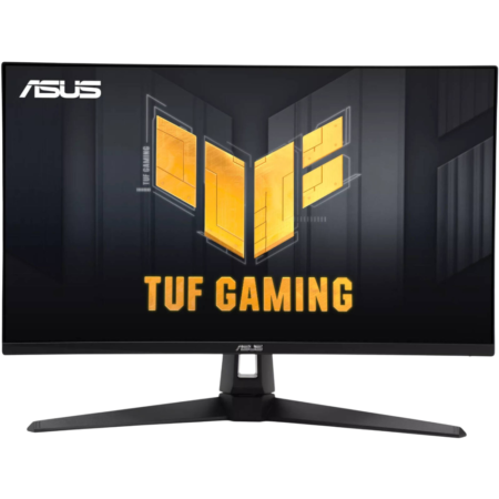 ASUS TUF Gaming monitor on a V-shaped stand with the bold yellow TUF logo displayed on a dark background.
