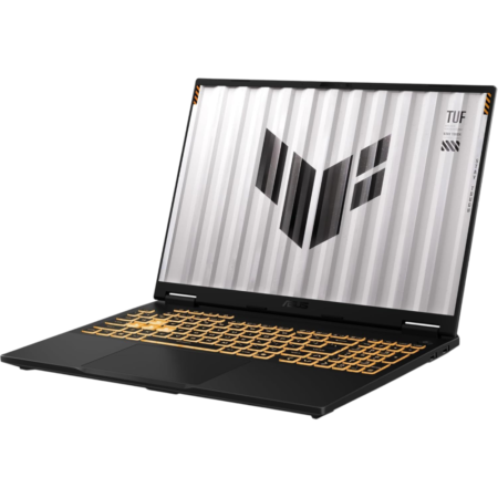Black ASUS laptop with gold backlit keyboard, opened to reveal a screen displaying a bold geometric logo.