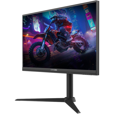 Gaming monitor on a black stand displaying a neon-lit motorcycle stunt game on screen.
