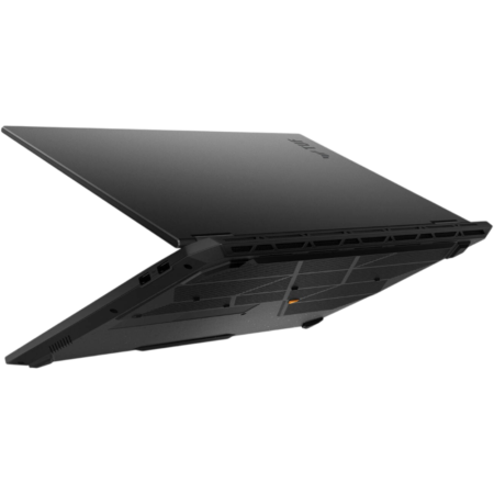 Slim black laptop shown at a tilted angle, highlighting rear cooling vents and a closed lid with a subtle logo surface design.